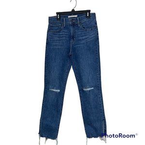 Levi's 724 High Rise Straight Distressed Medium Wash Crop Raw Hem Jeans 27